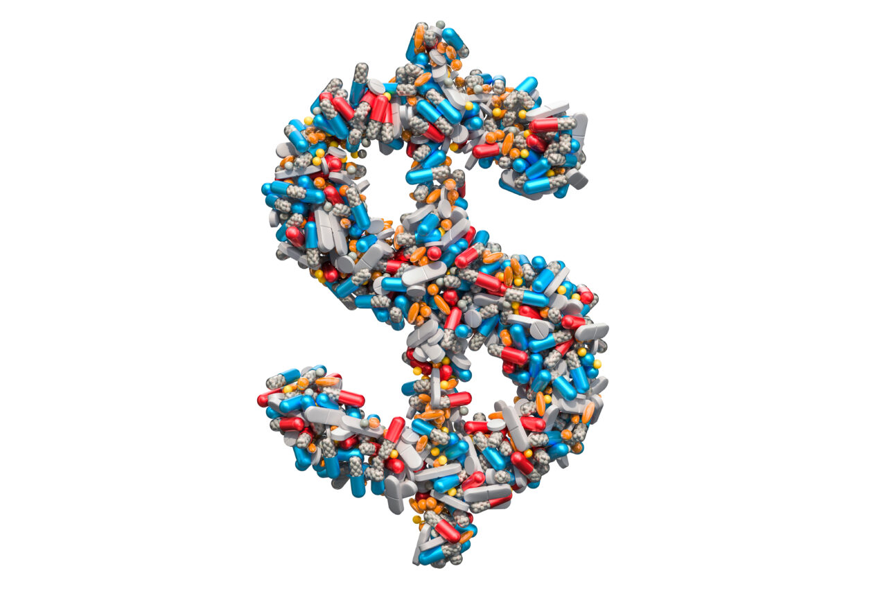 Dollar symbol from medicine pills, capsules, tablets. 3D rendering