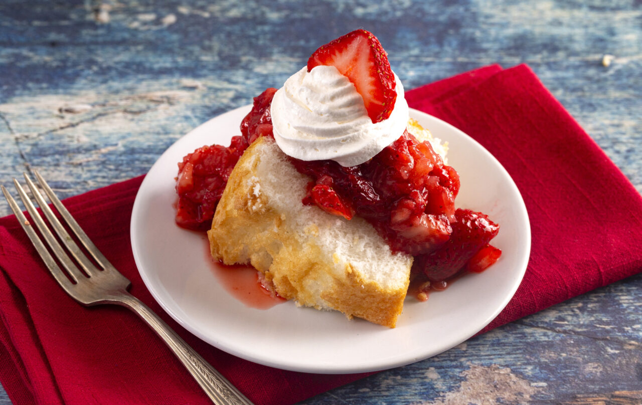 Strawberry Short Cake Made with Angel Food Cake and Strawberry Sauce