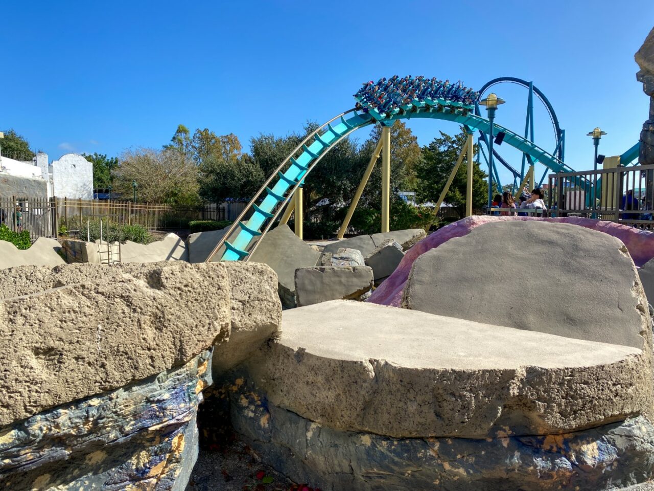 Kraken Unleashed Roller Coaster at SeaWorld on a bright blue sky