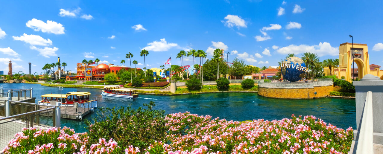 Orlando, USA - May 8, 2018: The panorama of Universal City Walk near the entrance of the Universal Studios theme park