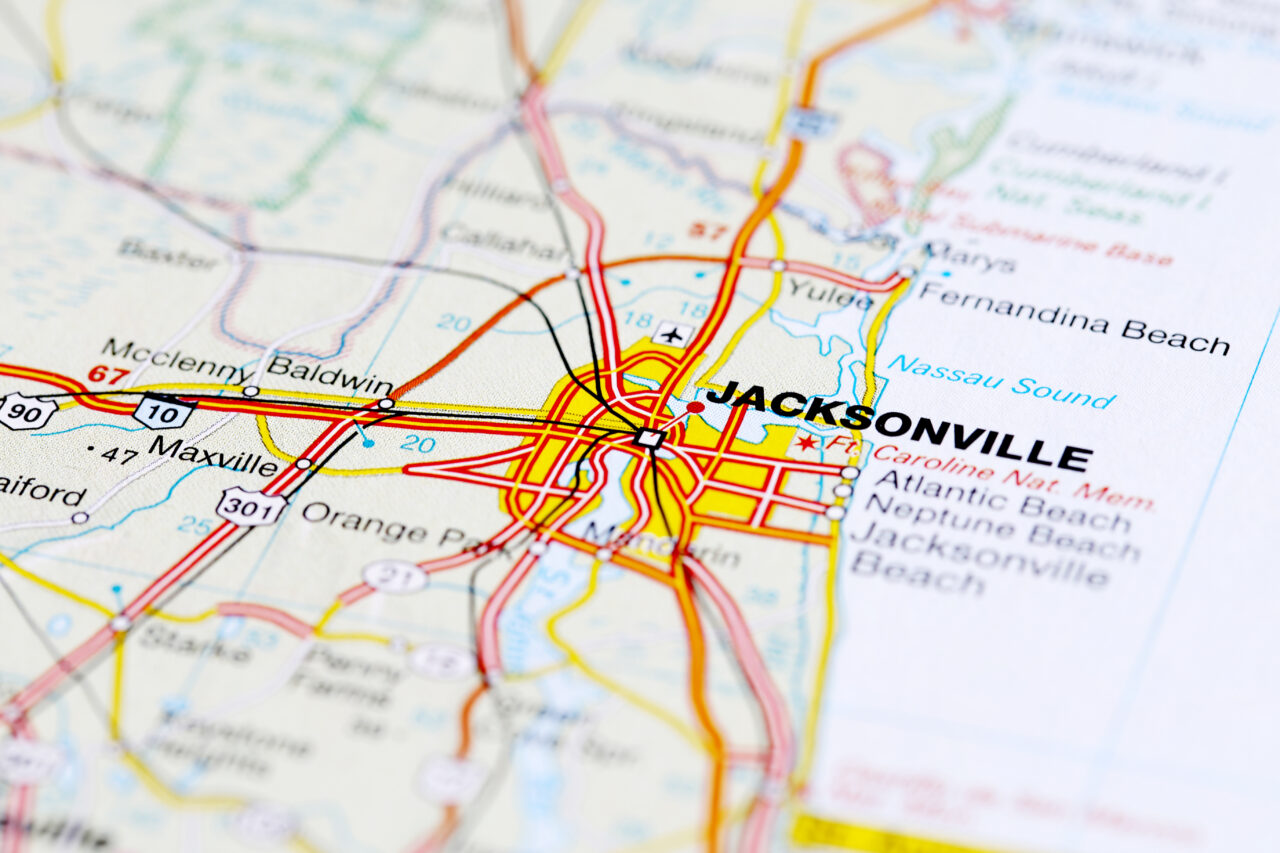 Jacksonville road map area. Closeup macro view