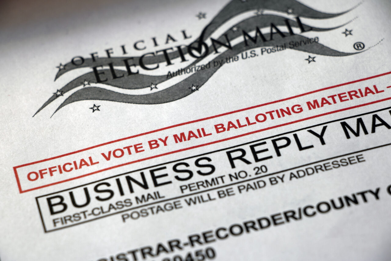 Closeup of a mail ballot envelope