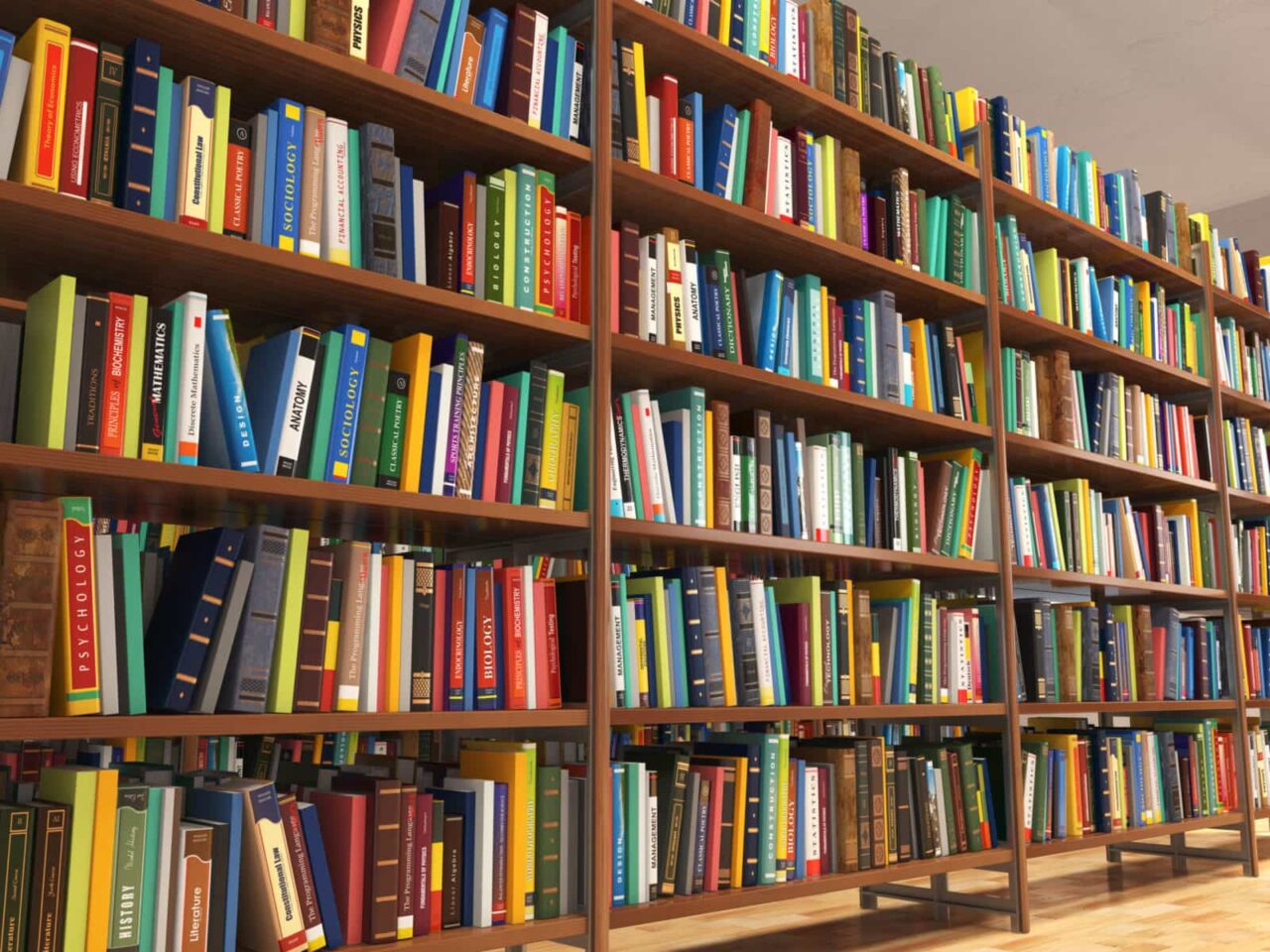Library stacks of books and bookshelf.