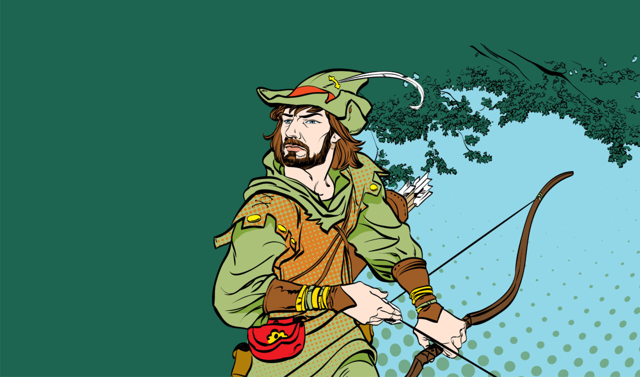 Robin Hood standing with bow and arrows. Robin Hood in ambush. Defender of weak. Medieval legends. Heroes of medieval legends. Halftone background.