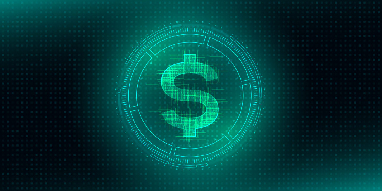 Digital currency USA dollar sign on abstract HUD technology background. Futuristic hi-tech digital money.Electronic economy of the future. Vector