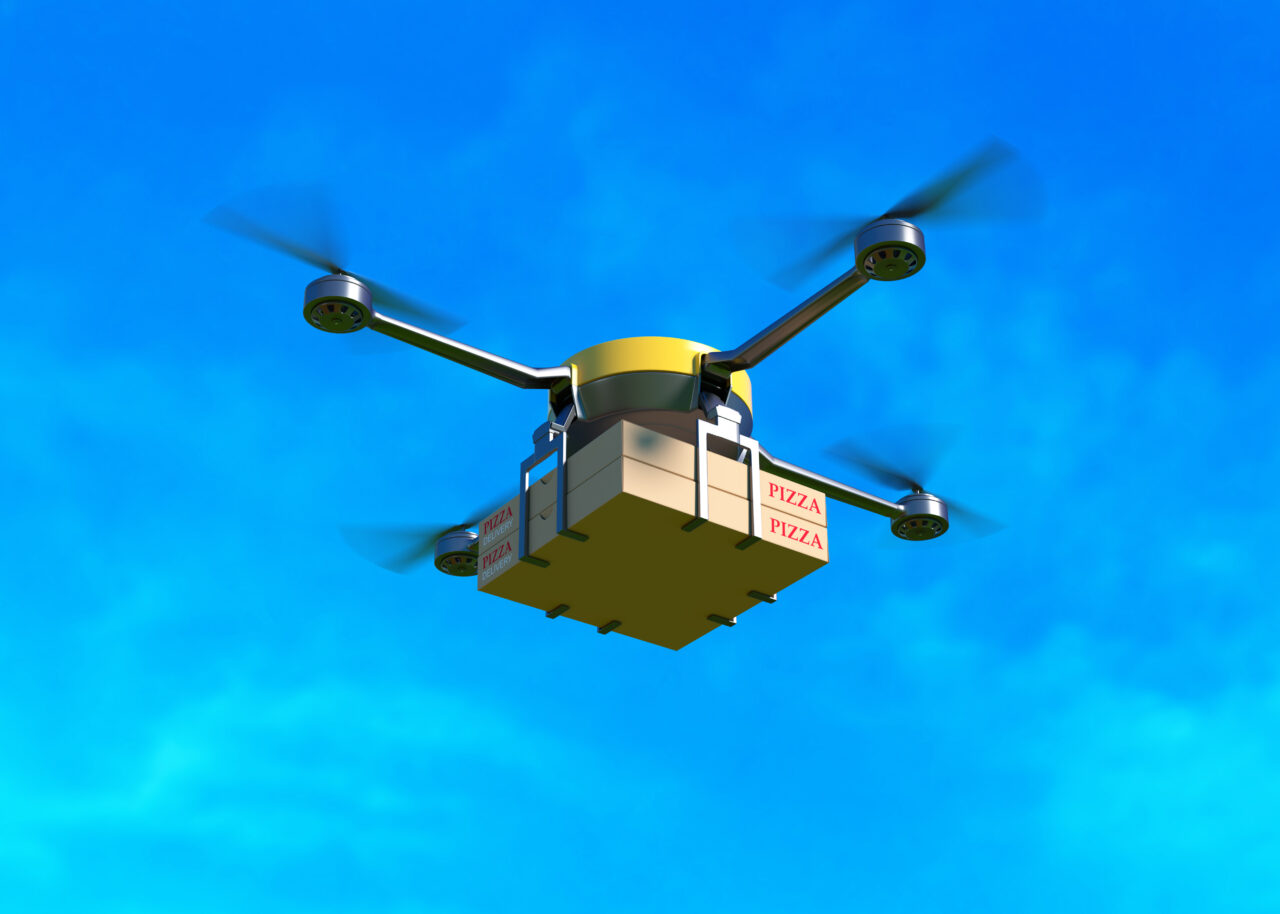 Delivery drone with pizza box. 3D illustration