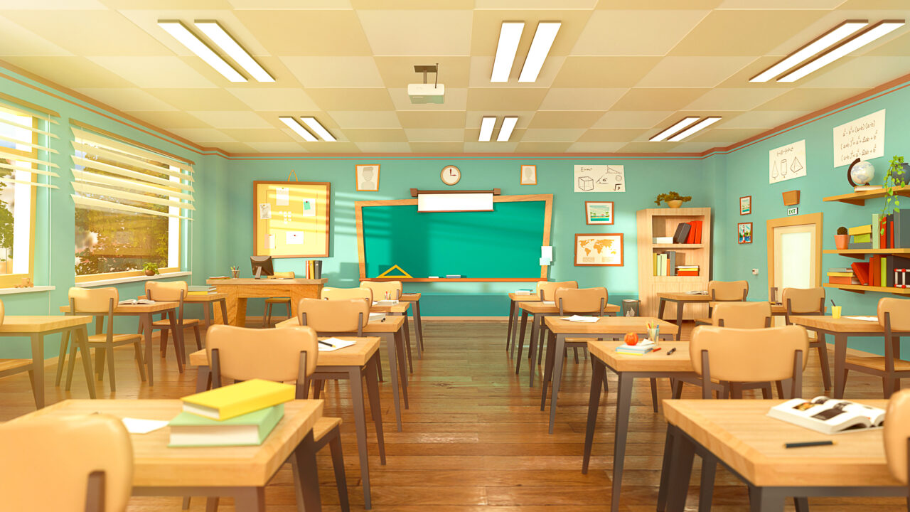 Empty school classroom in cartoon style. Education concept witho