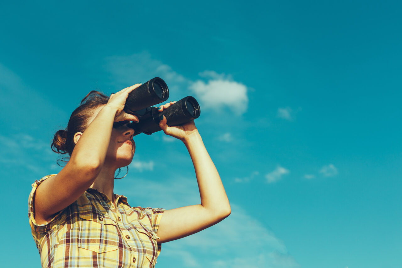 Beautiful young girl  looks through binoculars on a bright sunny day, low angle