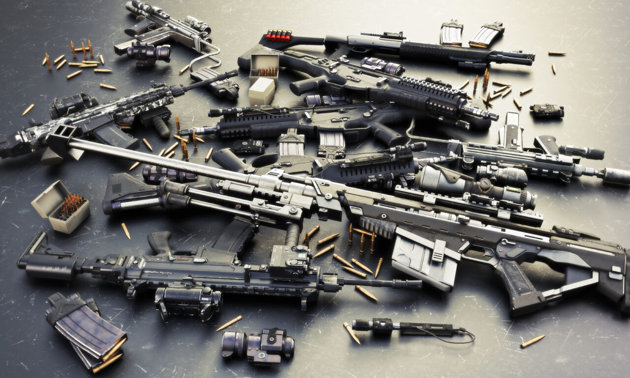 Weapons stash with automatic assault rifles and accessories,shot