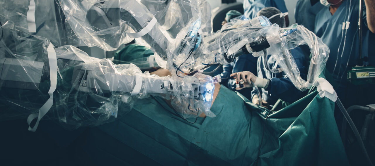 Surgical room in hospital with robotic technology equipment, mac