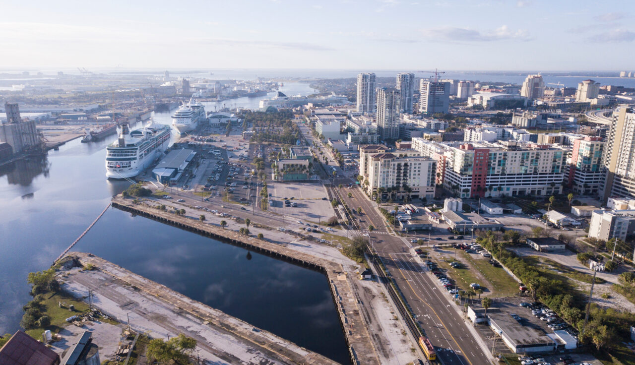 Aerial view of cruise port and downtown area in Tampa, Florida.