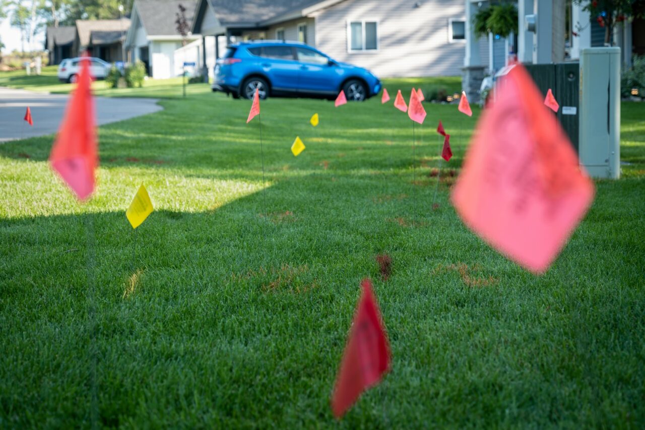 Warning flags on green grass of a residential lawn.