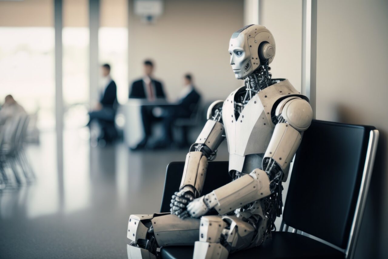 A robot waiting in a modern office for a job interview. Ai artificial intelligence technology at work. Generative ai