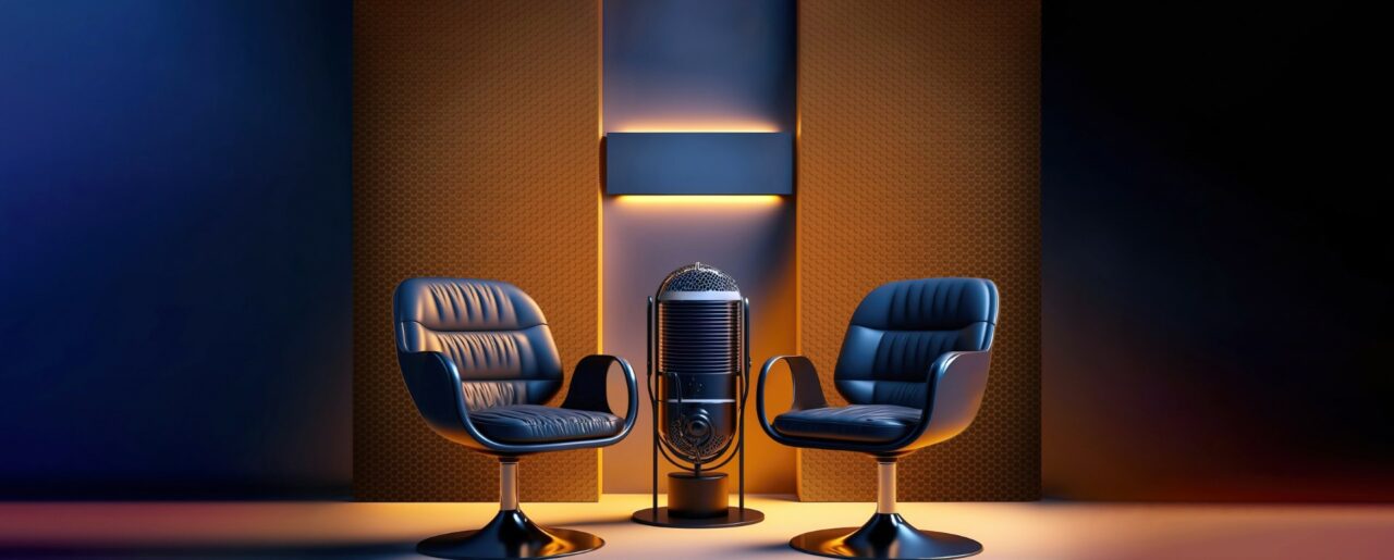 two chairs and microphones in podcast or interview room isolated