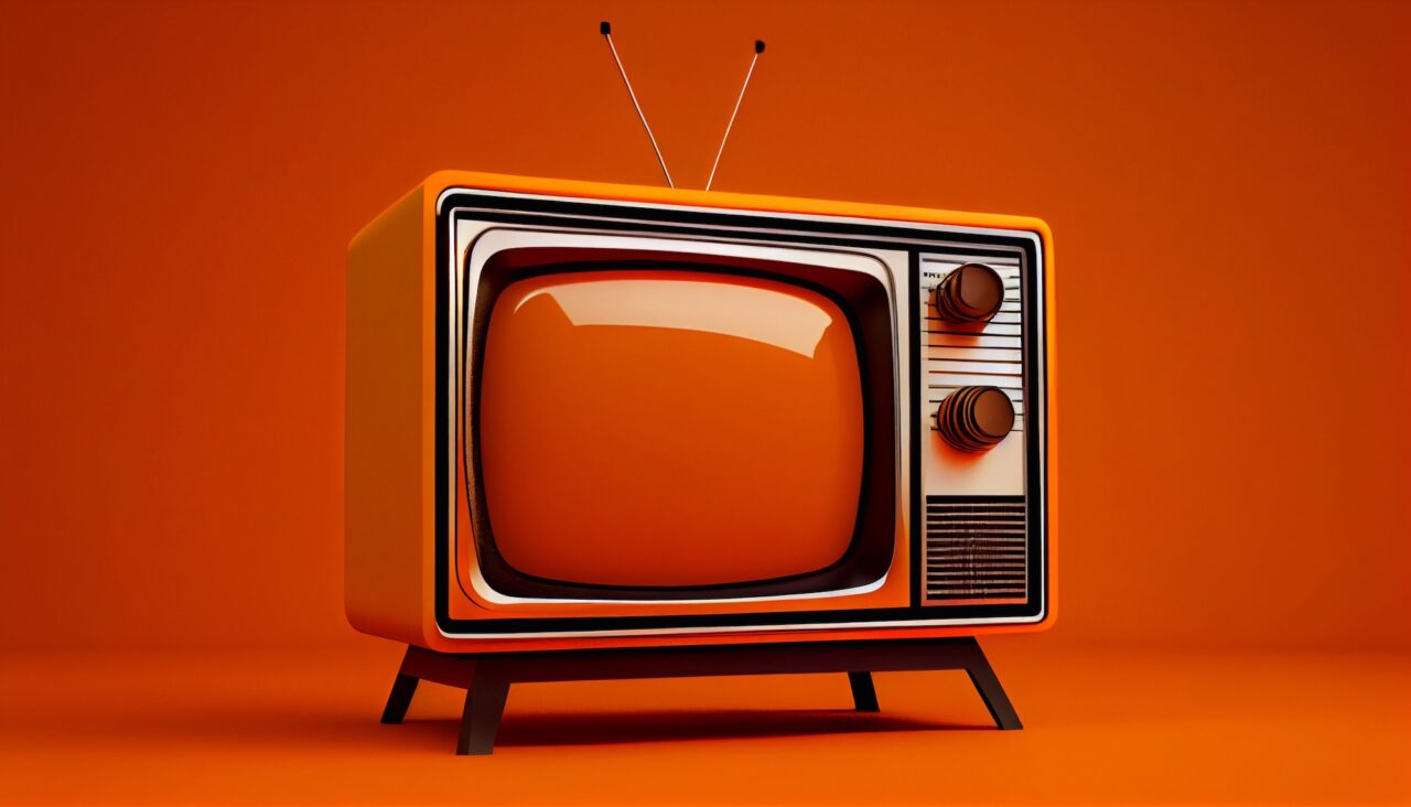 Black and white TV on an orange background. Generative AI. Telly, TV, Television.
