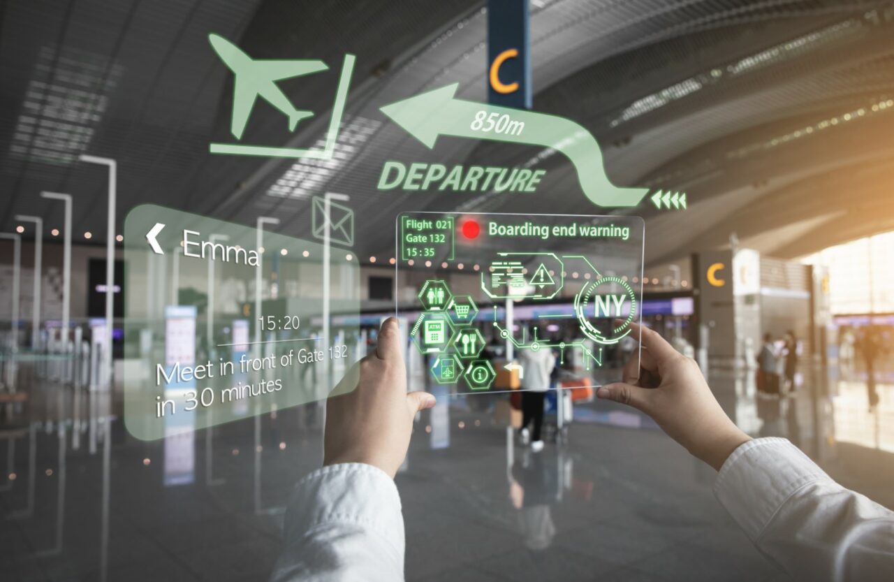 A woman receiving information using AR equipment at the airport