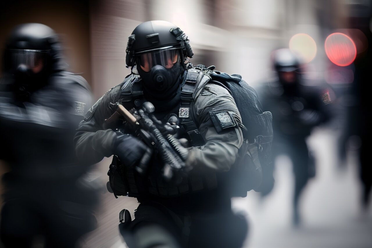 SWAT, rapid response squad, blurred motion. Photorealistic illus