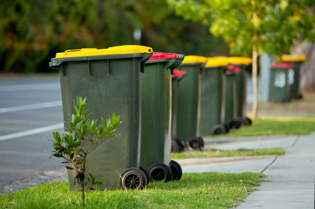 Recycling bin stands outdoor. Australia, Melbourne.