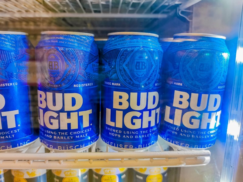 Bud light american beer blue cans in the refrigerator Mexico.