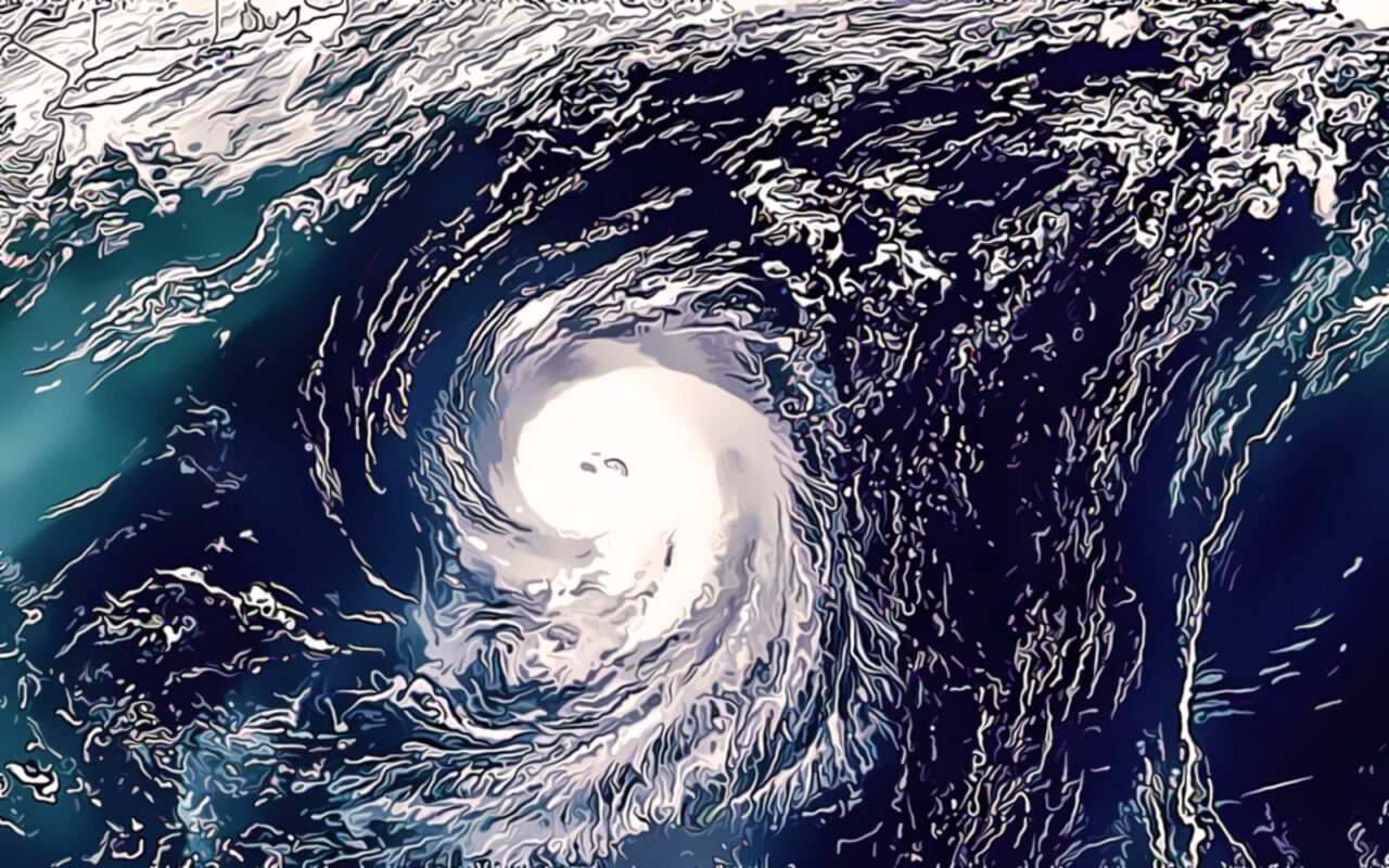 Super typhoon over the ocean. The eye of the hurricane. View fro