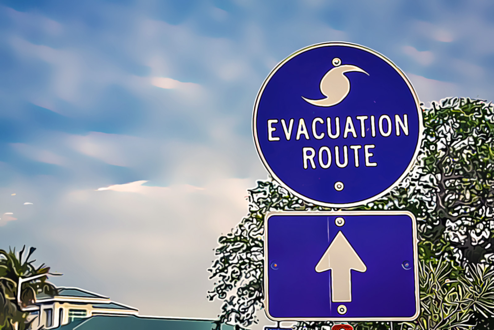 Hurricane Evacuation Route Road Sign on blue with arrow