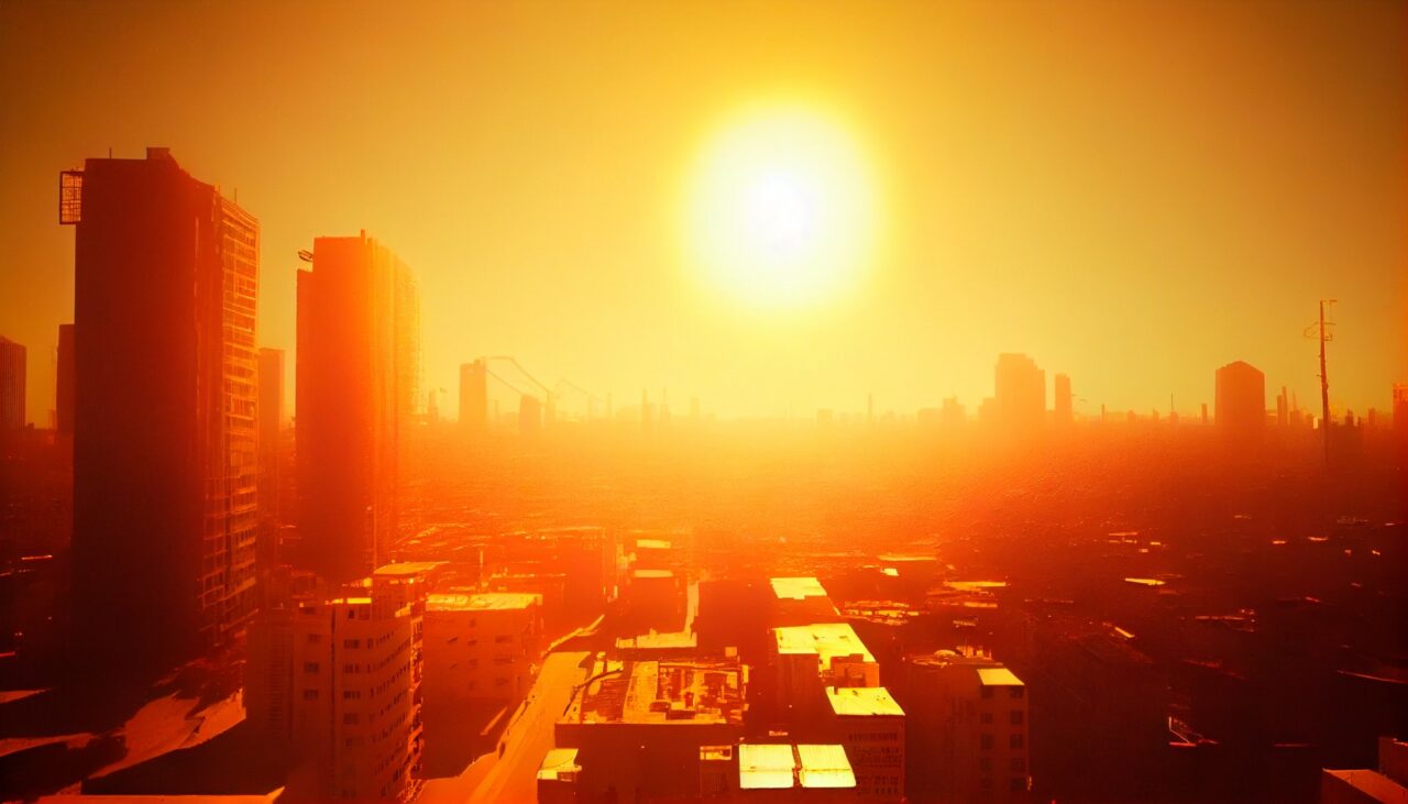 Heatwave over a city, bright sun, global warming, urban heat isl