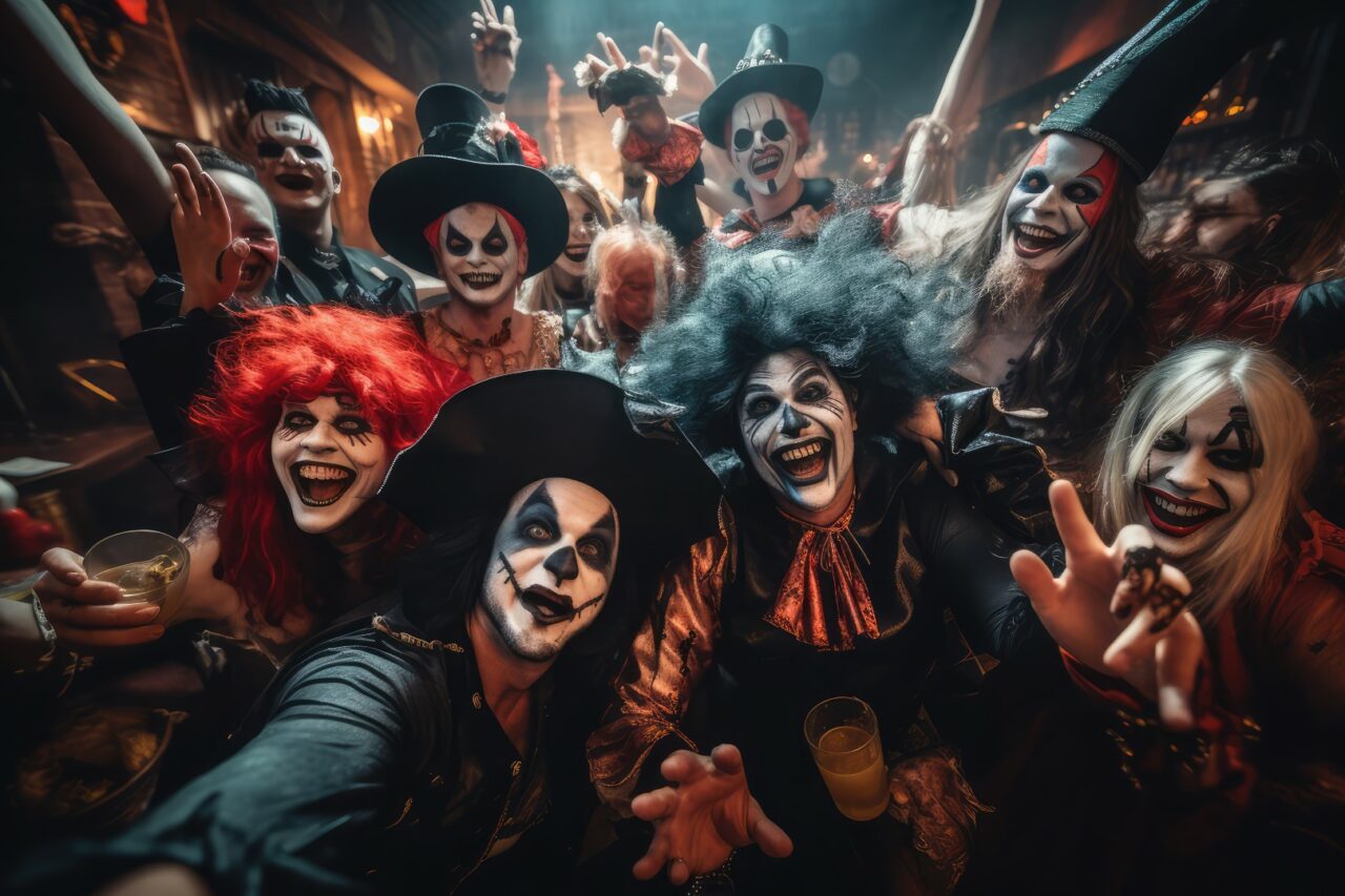 people in costume celebrating halloween together at a party