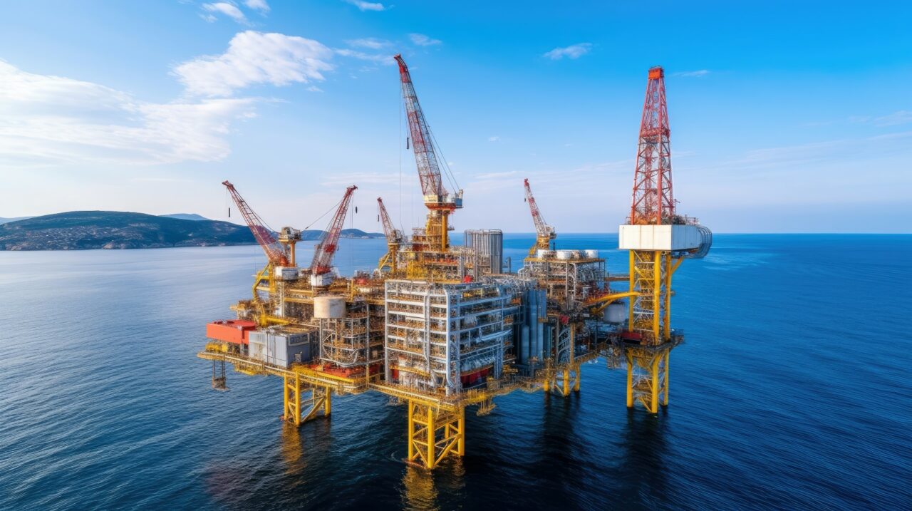 Offshore construction platform for production oil and gas. Oil and gas industry and hard work. Production platform and operation process by manual and auto function.oil and rig industry and operation.