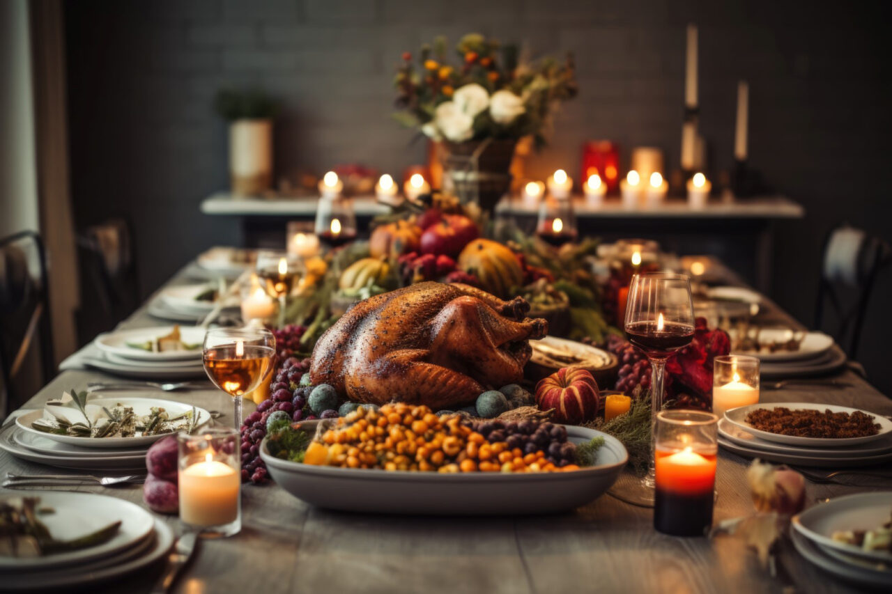 Thanksgiving dinner with a turkey and glasses of wine in a cozy dining room at home