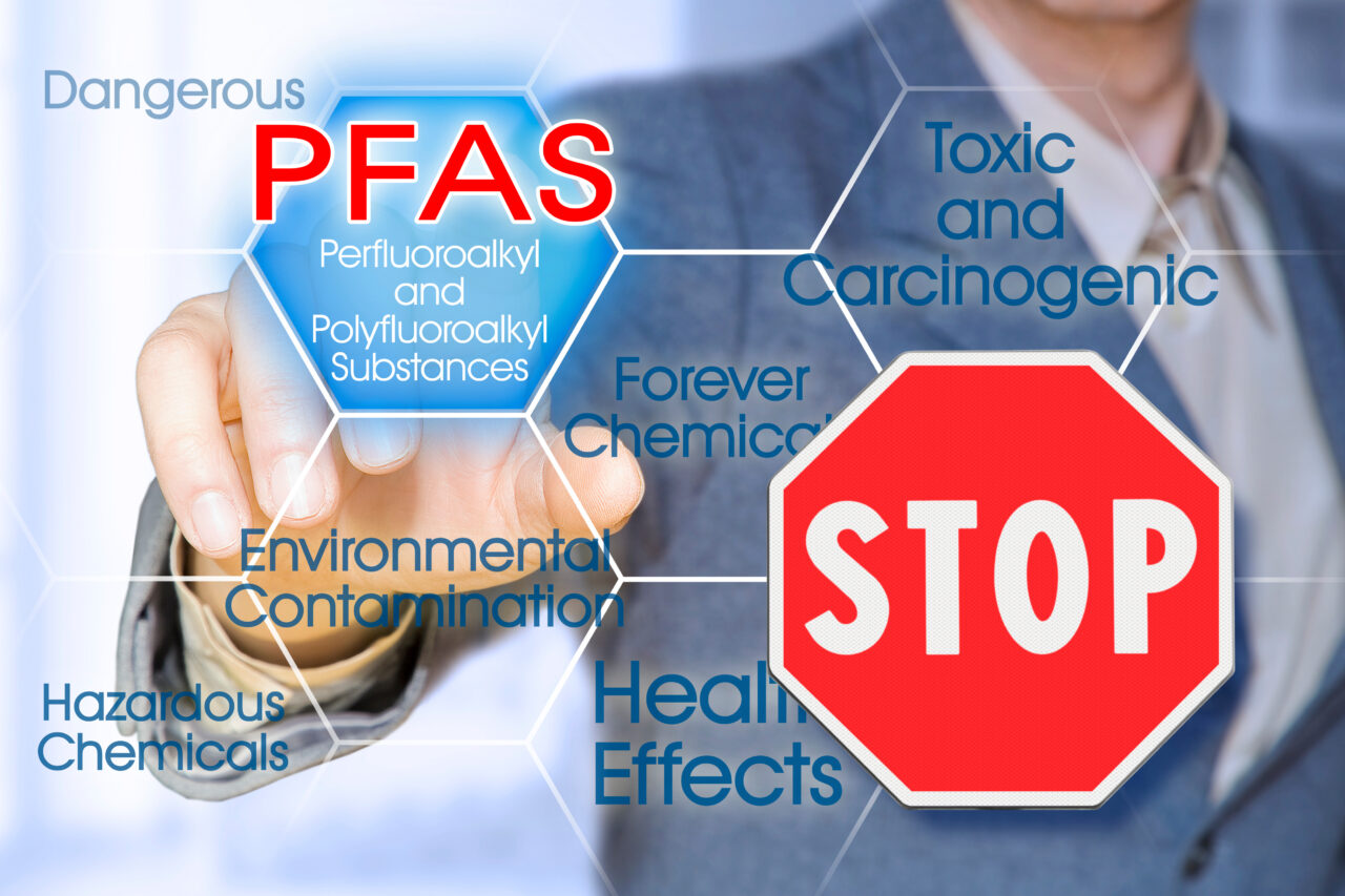 Stop dangerous PFAS - Perfluoroalkyl and Polyfluoroalkyl Substances, synthetic organofluorine chemical compounds - Concept with stop road sign