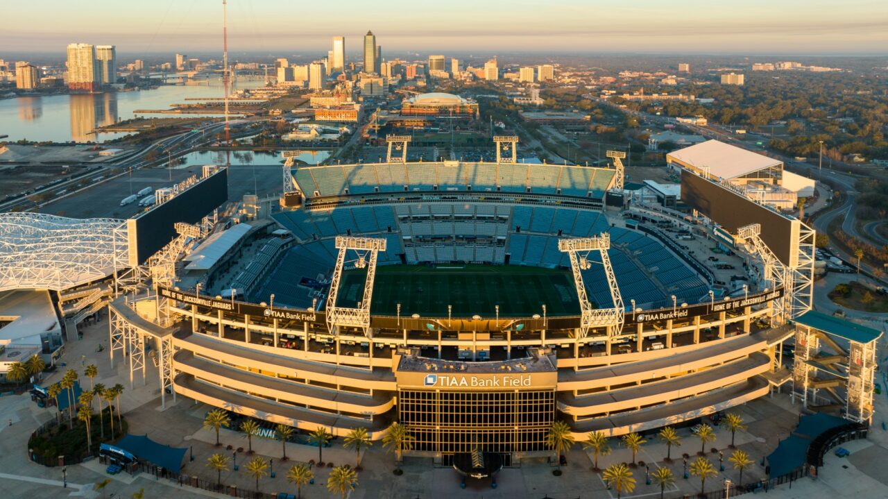 Aerial view of the Jacksonville Jaguars Stadium during sunrise.