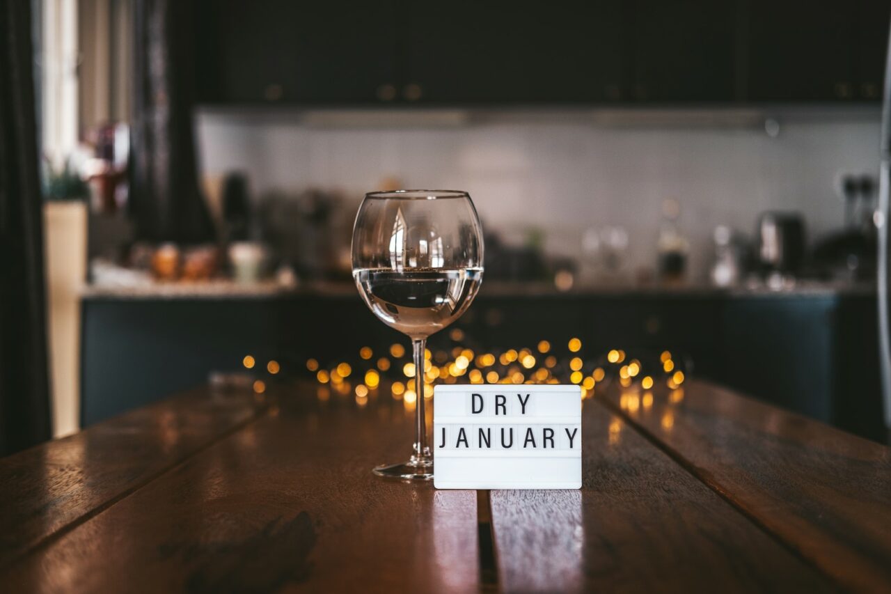 Challenge dry January. Wine glass with water. Non-alcoholic month.