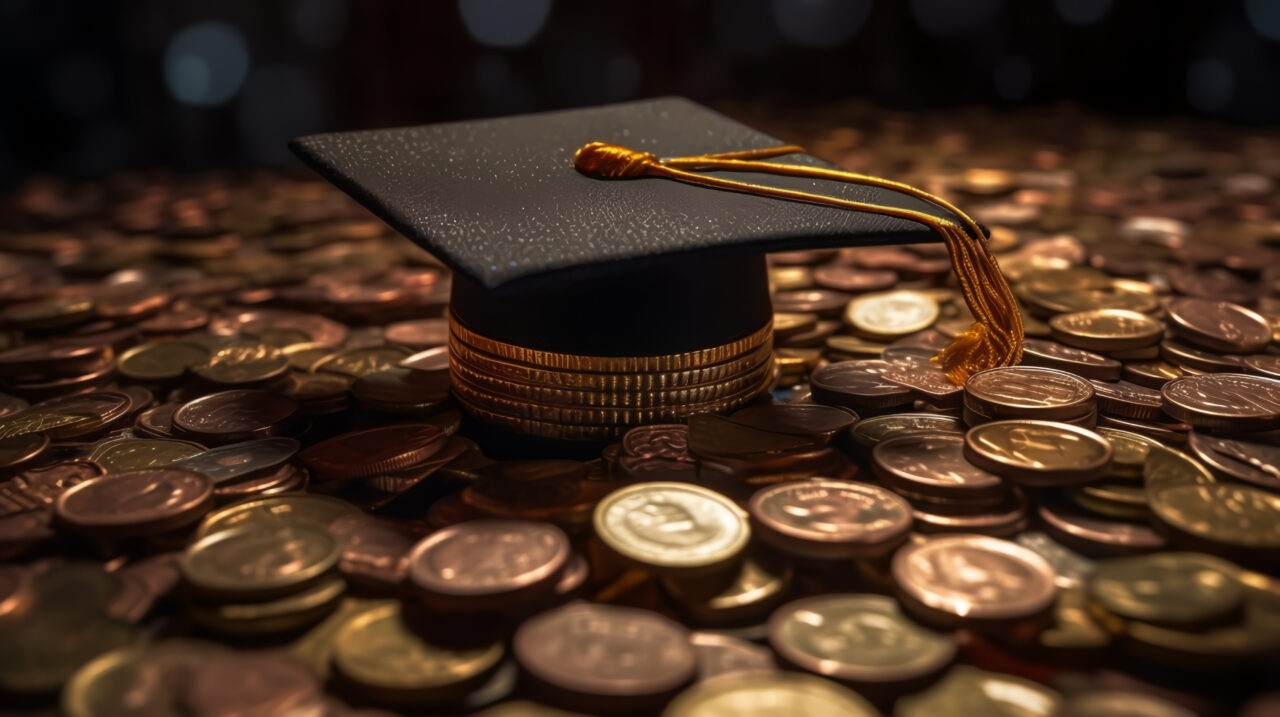 Graduated cap with coins. Savings for education, financial literacy concept Generative AI