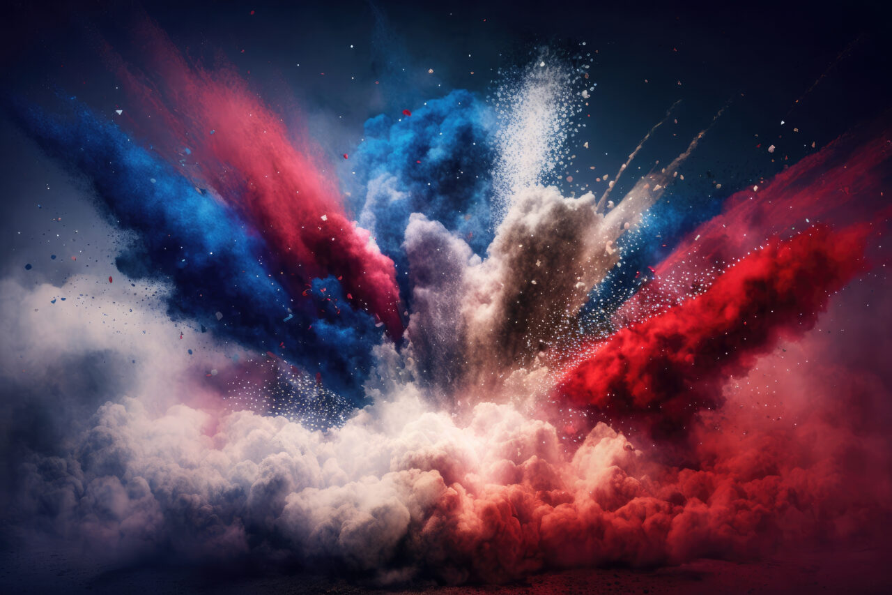 AI generated american flag colors form smoke explosion of cloudy firework at USA independence day