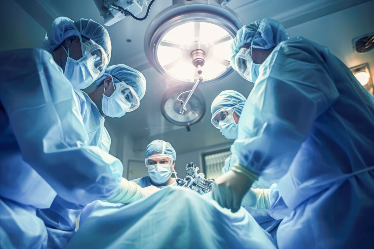 Team of surgeons performing a kidney transplant surgery