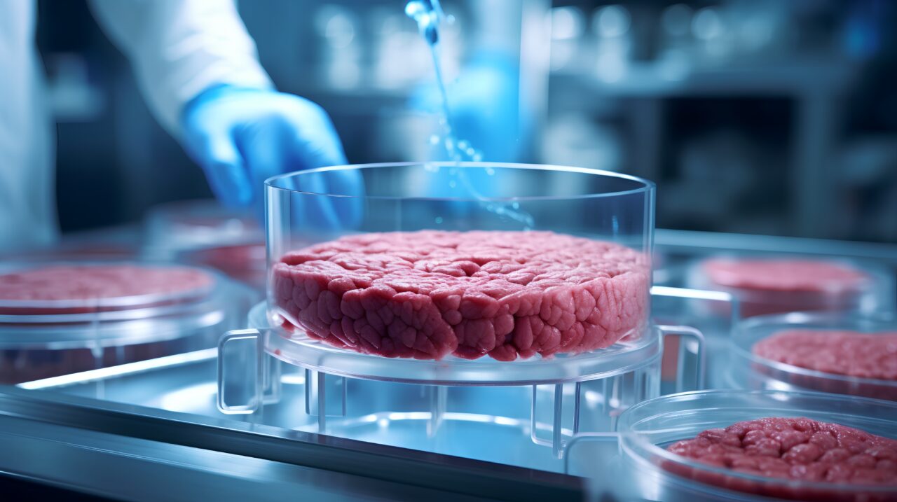 Cultured meat concept, a laboratory setting presents a petri dish nurturing lab-grown meat, promising sustainable food solutions. Generative AI