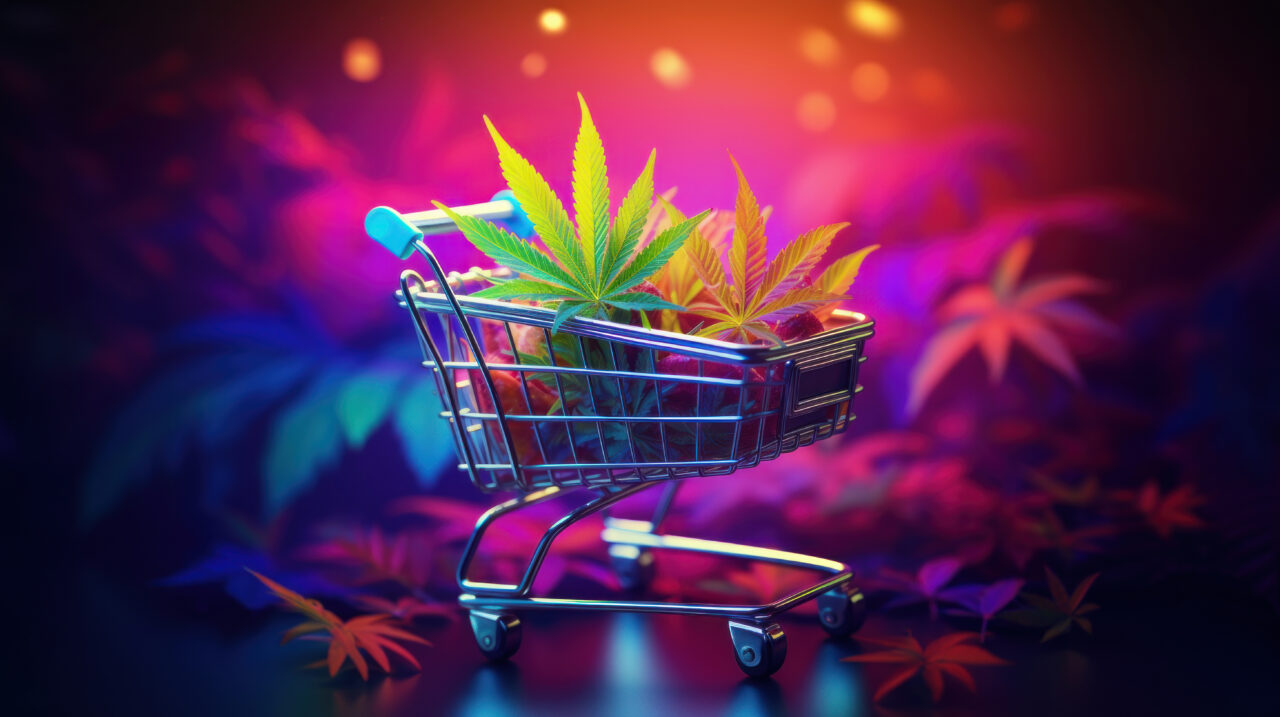Marijuana leaves in a toy shopping cart on a colorful neon background