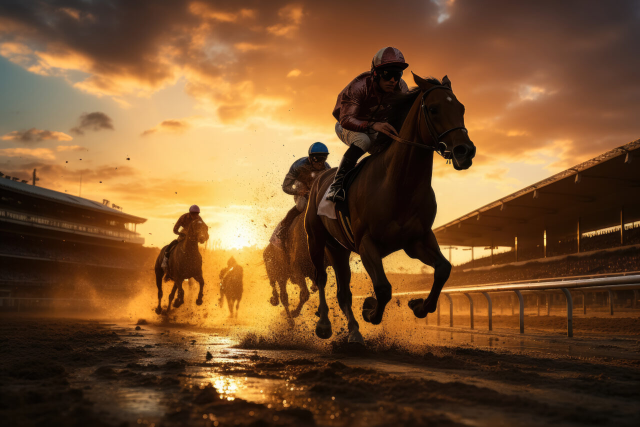 Silhouette of jockey and his horse , Horse races at stadium , Created with Generative Ai Technology