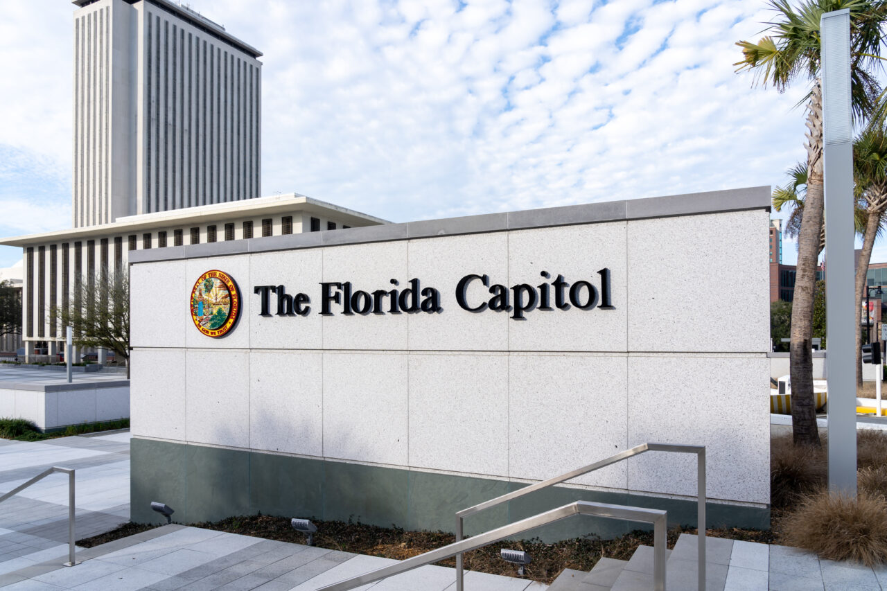 Tallahassee, FL, USA - February 11, 2022: Florida State Capitol sign and seal in Tallahassee, FL, USA. The Florida State Capitol is a Capitol Complex that provides headquarters for state government.