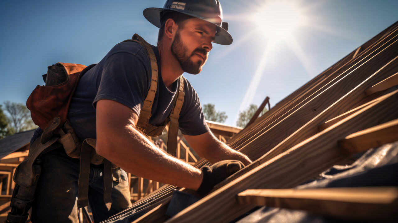 A man installing hurricane straps to secure roof trusses.