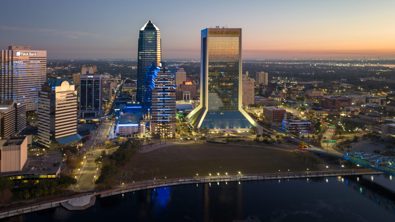 Aerial view of downtown Jacksonville during sunrise.