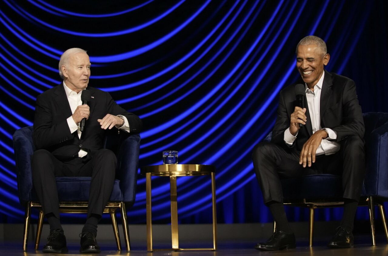 Joe Biden Barack Obama at campaign event AP
