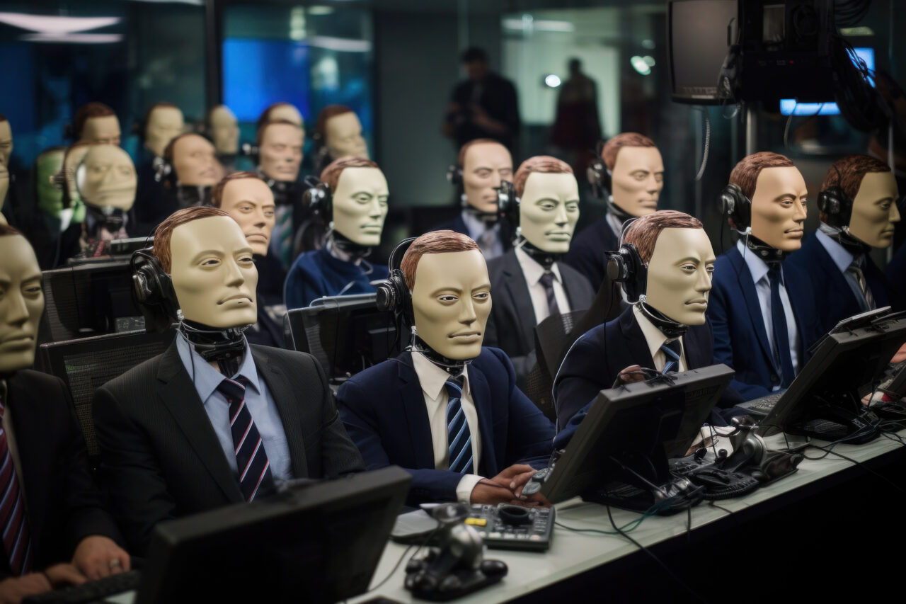 Robots with human faces working in office. Generative AI