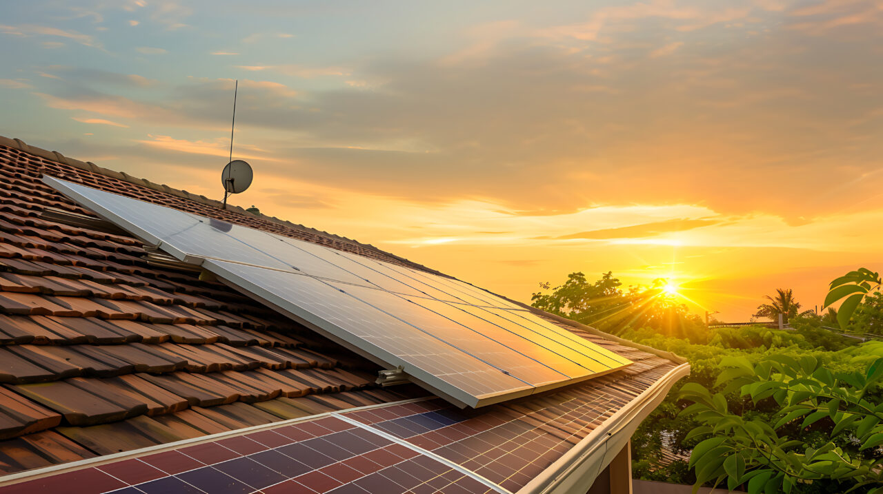 Solar energy panels on the roof of a home harnessing photovoltaic power for eco-friendly electricity. Greenhouse with solar panel system reflects future engineer technology and ecological.