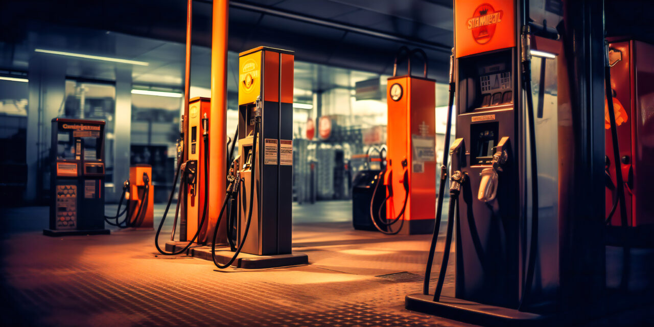 fuel station with nozzles and petrol pumps