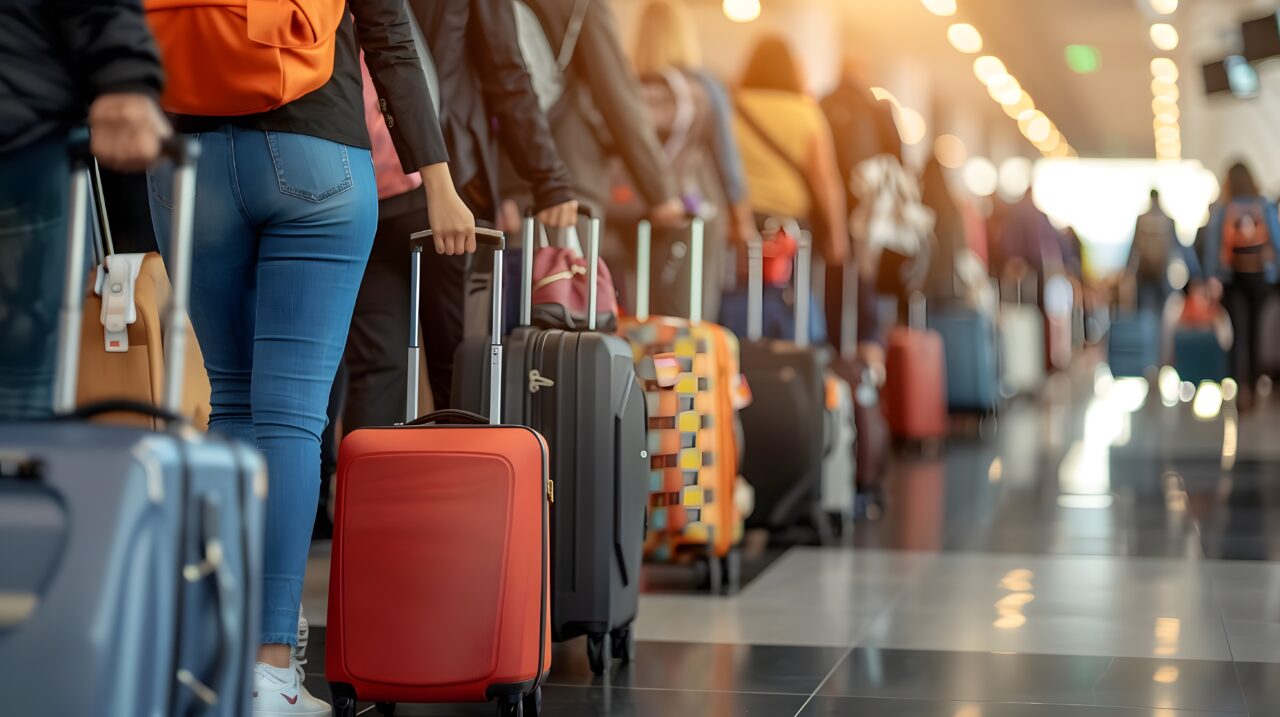 People waiting in line with their luggage, suitcases, and bags for an international flight at the airport check-in gate, queuing for a vacation, holiday, or immigration journey, signifies global trave