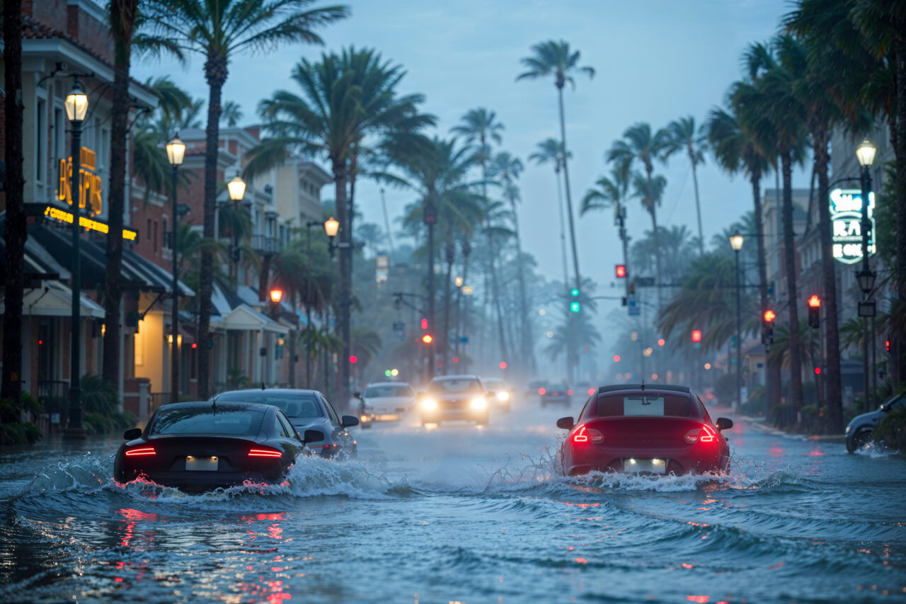 Cars driving through flooded Florida street. Fictitious depiction of a storm, artist's impression, hurricane damage, disaster