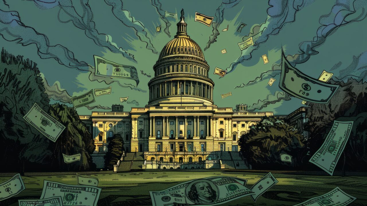 The image shows the U.S. Capitol building with money raining down from the sky.