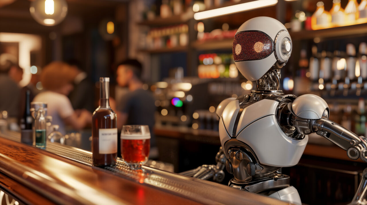 AI robot bartender stands behind bar with shelves of liquor and glasses, serving drink, in warmly lit setting.