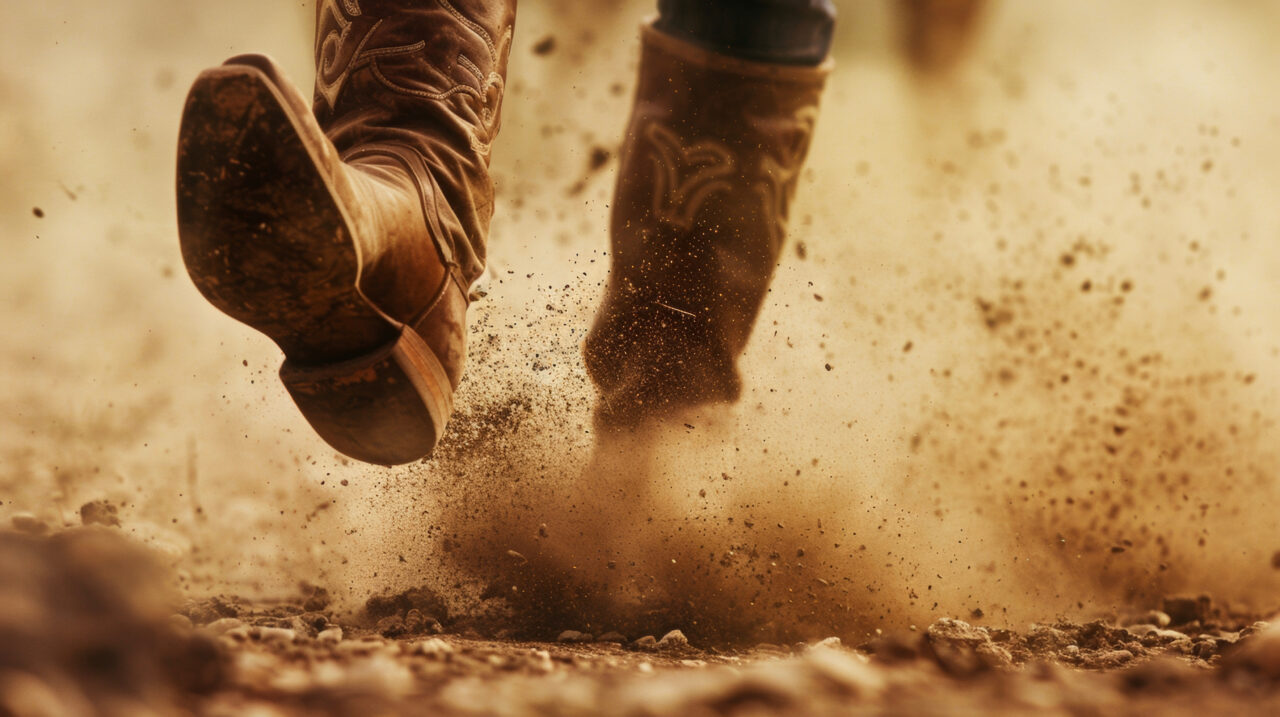 A pair of scuffed cowboy boots kicking up dust as their rider departs into the unknown their leather coat swaying behind them.